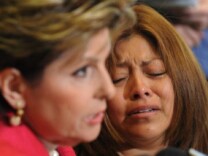 Nicky Diaz Santillan (R), who claims to have been the nanny and housekeeper of Republican nominee for Californnia Governor Meg Whitman, attends conference in Los Angeles on September 29, 2010.