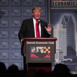 Republican presidential candidate Donald Trump delivers an economic policy address detailing his economic plan at the Detroit Economic Club August 8, 2016 in Detroit Michigan. 