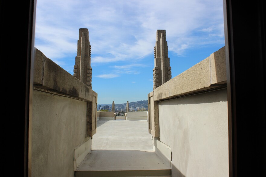 Hollyhock House dominates the top of a hill in East Hollywood from which you could see the Pacific Ocean on a clear day. 