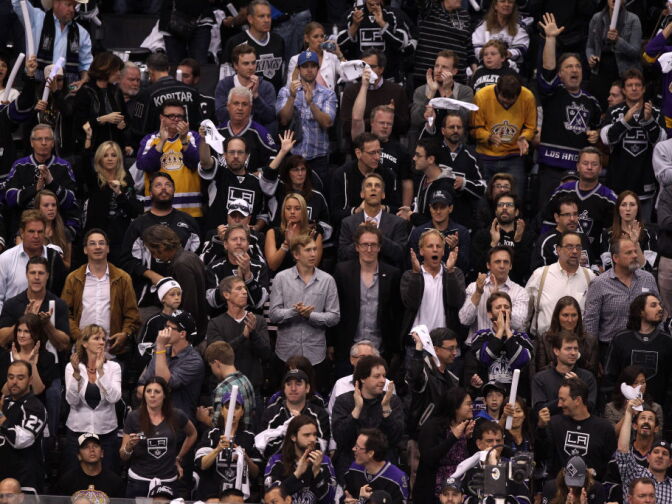 Los Angeles Kings fans show their support during Game 3 of the 2012 Stanley Cup Final between the New Jersey Devils and the Los Angeles Kings at Staples Center on June 4, 2012 in L.A., Calif.