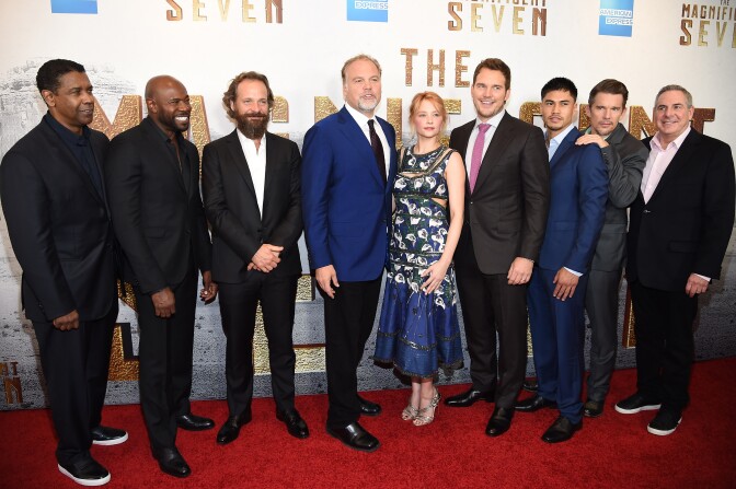 NEW YORK, NY - SEPTEMBER 19:  (L-R) Denzel Washington, Antoine Fuqua , Peter Sarsgaard, Vincent D'Onofrio, Haley Bennett, Chris Pratt, Martin Sensmeier, Ethan Hawke and Roger Birnbaum attend "The Magnificent Seven" premiere at Museum of Modern Art on September 19, 2016 in New York City.  (Photo by Dimitrios Kambouris/Getty Images)