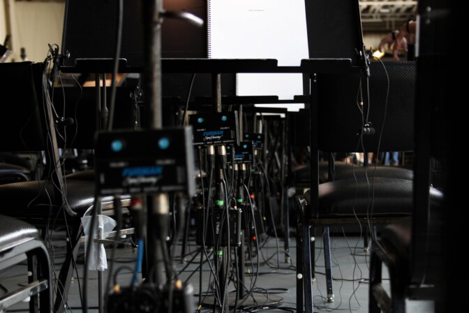 Audio setup for the orchestra of the Hollywood Bowl on Aug. 4, 2017.