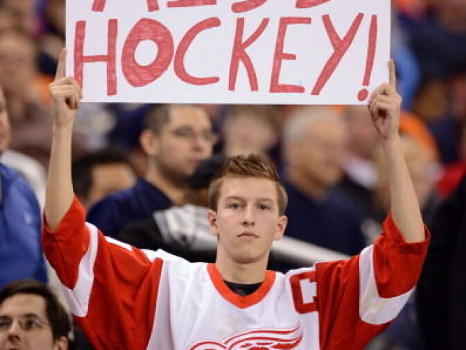  A Detroit Red Wings hockey fan holds up a sign during the game between the Detroit Lions and the Chicago Bears at Ford Field on December 30, 2012 in Detroit, Michigan. 
