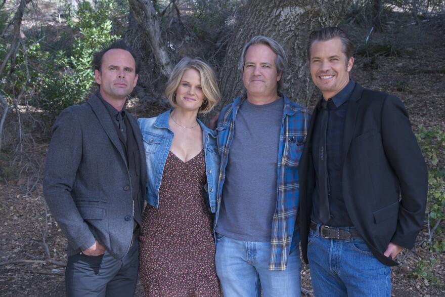 JUSTIFIED -- BTS -- Pitured: (L-R) Walton Goggins, Joelle Carter, Graham Yost, Timothy Olyphant. CR: Prashant Gupta/FX