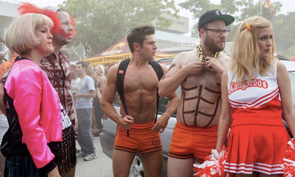 Original cast members Zac Efron (center), Seth Rogen (center right) and Rose Byrne (right) find a new challenge in "Neighbors 2: Sorority Rising"