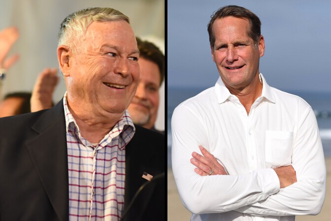 Republican Dana Rohrabacher, left, represents the 48th Congressional District, in Orange County. Democrat Harley Rouda, right, is challenging him in a tight race. 
