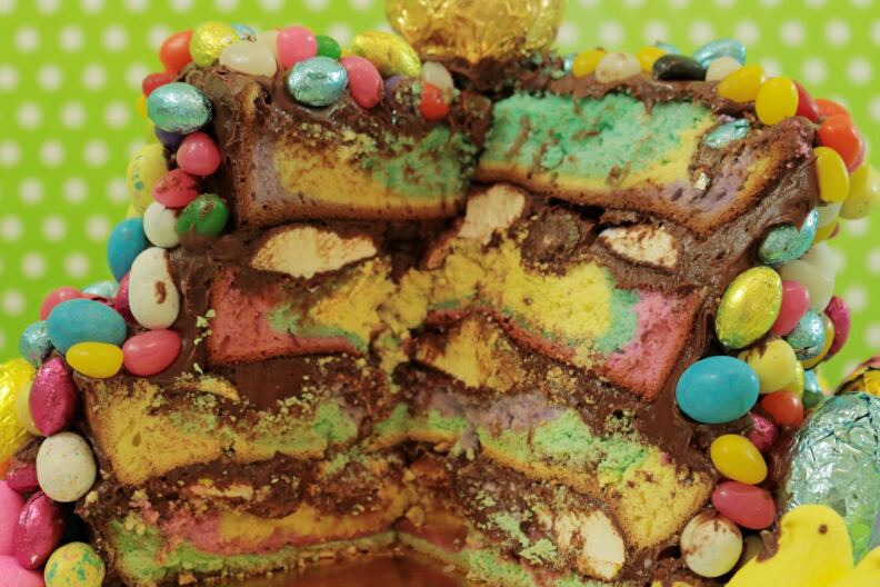 Charles Phoenix's Tequila-Soaked Peep-Stuffed Broken Bunny Cake, just in time for Easter.