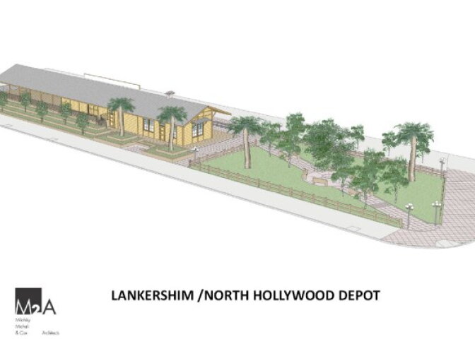 Rendering showing what Lankershim Depot property will look like with planned public park.