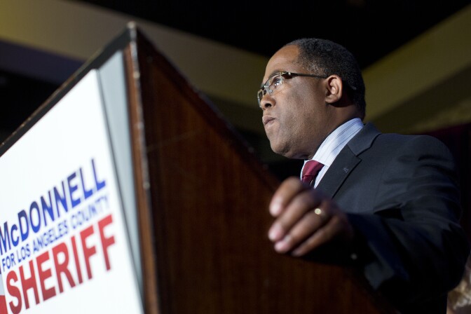 File: Los Angeles County Supervisor Mark Ridley-Thomas speaks during an election party for newly elected Los Angeles County Sheriff Jim McDonnell on Tuesday night, Nov. 4, 2014 at the JW Marriott at LA Live.