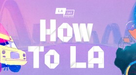 Logo illustration featuring words How To LA over a collage including the 6th street bridge, food trucks, and people