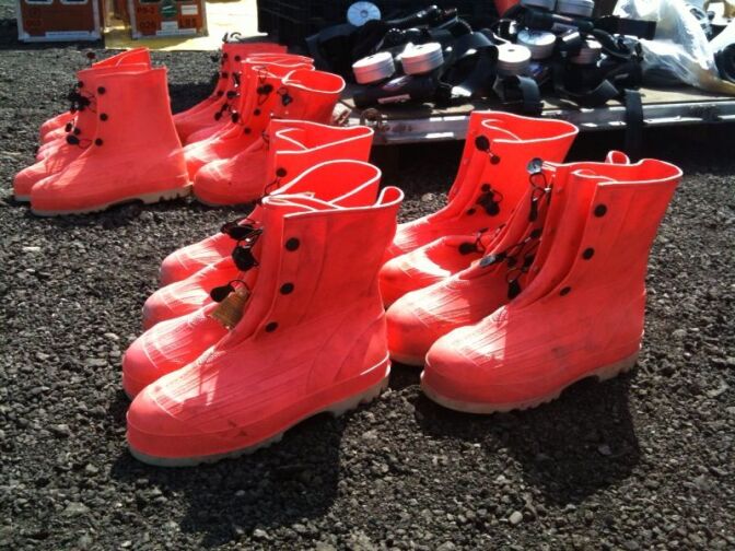 Pink booties stand ready for wear during a radiation training exercise by the Los Angeles Fire Department's urban search and rescue team - California Task Force One - in Sherman Oaks.