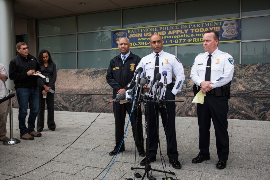 BALTIMORE, MD - APRIL 30:  Baltimore Police Commissioner Anthony Batts (2nd R) speaks at a press conference regarding the death of Freddie Gray on April 30, 2015 in Baltimore, Maryland. It was announced that the van carrying Gray had stopped a second, previously undisclosed, time. Baltimore has seen days of rioting since Gray's death while in police custody.  (Photo by Andrew Burton/Getty Images)