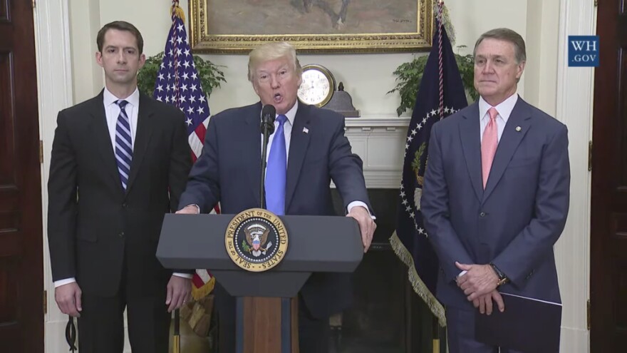 President Donald Trump joined GOP Sens. David Perdue of Georgia and Tom Cotton of Arkansas on Wednesday, Aug. 2, to announce legislation placing new limits on legal immigration.