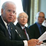 U.S. Vice President Joe Biden (L) makes brief remarks to the press after a meeting with Cabinet members and sportsmen's, wildlife and gun interest groups at the Eisenhower Executive Office Building January 10, 2013 in Washington, DC. U.S. President Barack Obama appointed Biden to oversee a task force on gun violence and also was to meet with a representative of National Rifle Association (NRA) in a second day of meetings.  