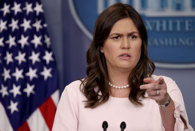 WASHINGTON, DC - JUNE 04:  White House press secretary Sarah Huckabee Sanders answers questions during the daily briefing at the White House June 4, 2018 in Washington, DC. Sanders answered a range of questions related primarily to assertions made by members of U.S. Donald Trump's legal team regarding the investigation being conducted by special counsel Robert Mueller. (Photo by Win McNamee/Getty Images)