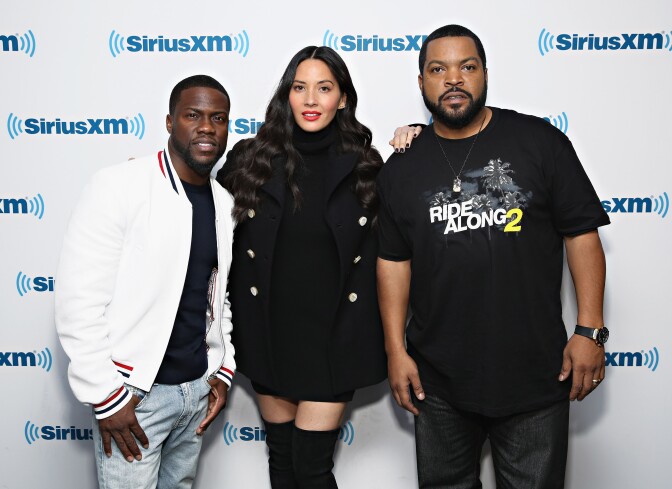 NEW YORK, NY - JANUARY 13:  Kevin Hart, Olivia Munn and Ice Cube take part in SiriusXM's "Town Hall" with Kevin Hart, Ice Cube and Olivia Munn at the SiriusXM Studios on January 13, 2016 in New York City.  (Photo by Cindy Ord/Getty Images for SiriusXM)