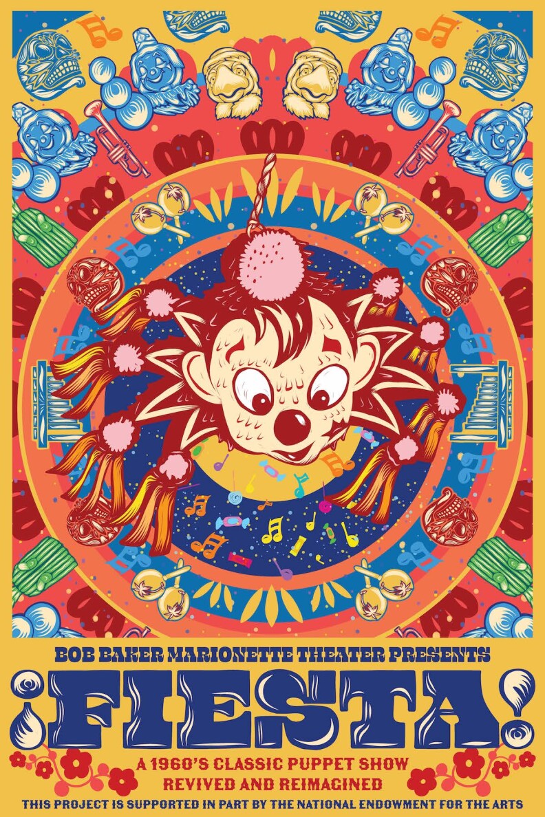 a colorful poster for a Bob Baker Marionette show with a mouse in the middle.