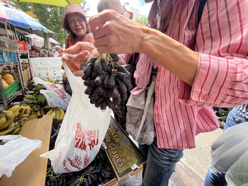 A person in a pink striped shirt holds up a bunch of long, dark-purple moon drop grapes. Behind her, another woman in a sun hat smiles.