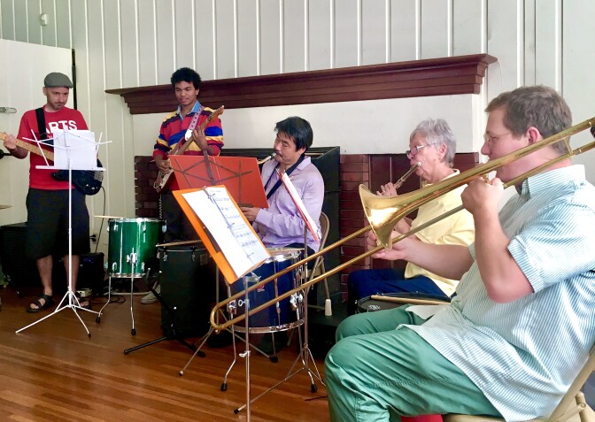  The Hermon Park Community Band (L to R: Monk Turner, Julian Cullers, Jiro Matsuki, Kristi Rodehorst & Logan Hone)