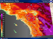 Map of SoCal in shades from green to purple indicate cooler temperatures at the coast and highs into the 100s inland