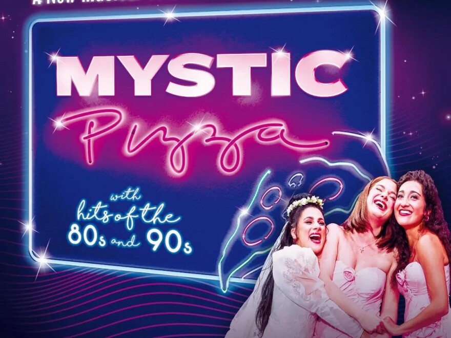 A promotional flyer for the play 'Mystic Pizza' with three women hugging each other. One woman is in a wedding dress and the other two are in bridesmaids dresses.