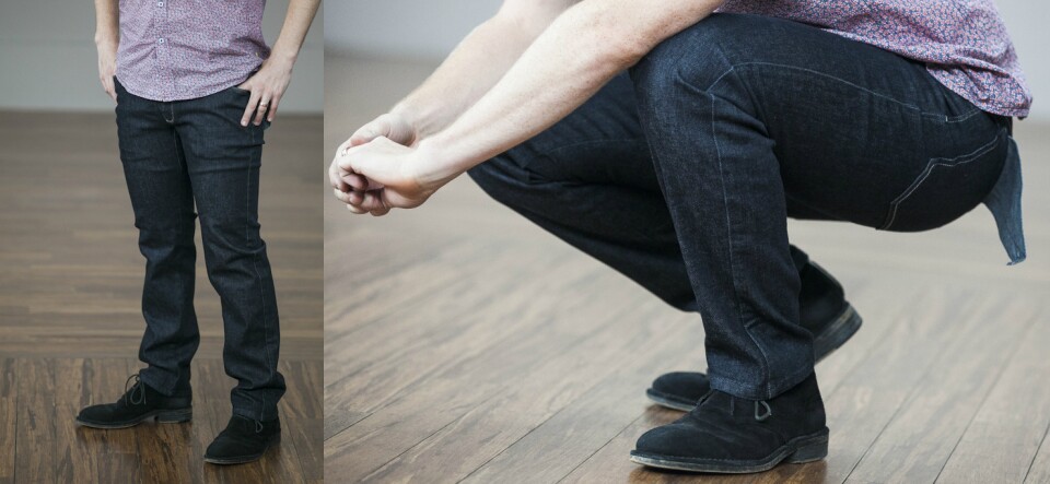 Jacob Margolis wears biking jeans made by Betabrand.