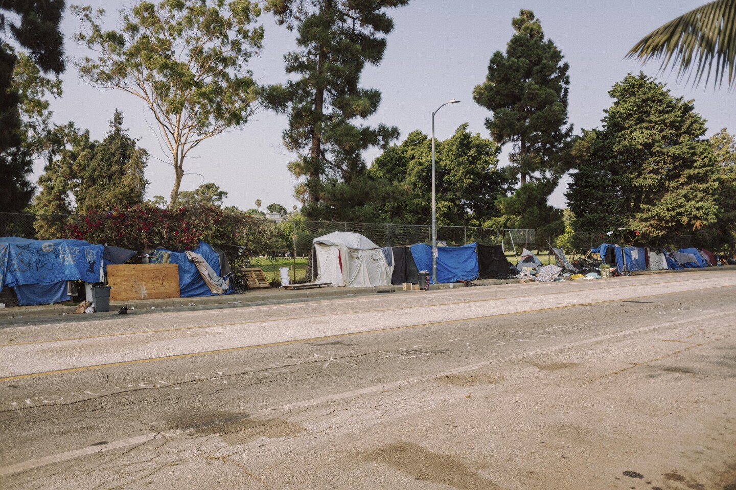 A homeless encampment along the road in Los Angeles' Venice neighborhood.