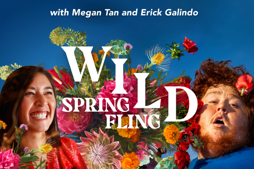 A blue promotional graphic with a variety of flowers exploding on the screen. A portrait of Asian host Megan Tan smiling is shown in the lower left and a photo of Latino host Erick Galindo in awe can be see on the lower right. Text overlaying the image states, "Wild Spring Fling with Megan Tan and Erick Galindo".