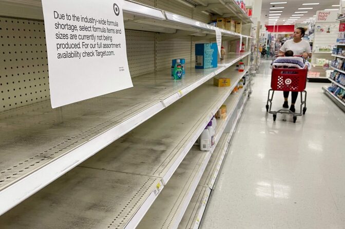 43 percent of infant formula is sold out nationwide as retailers struggle to keep formula on the shelves.