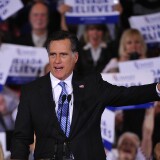 Republican presidential hopeful Mitt Romney holds a Caucus election night at Red Rock Casino in Las Vegas, Nevada, February 4, 2012.  AFP PHOTO/Emmanuel Dunand (Photo credit should read EMMANUEL DUNAND/AFP/Getty Images)