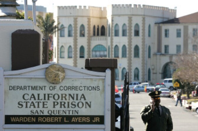 A guard stands at the entrance to the California State Prison at San Quentin in San Quentin, California. 