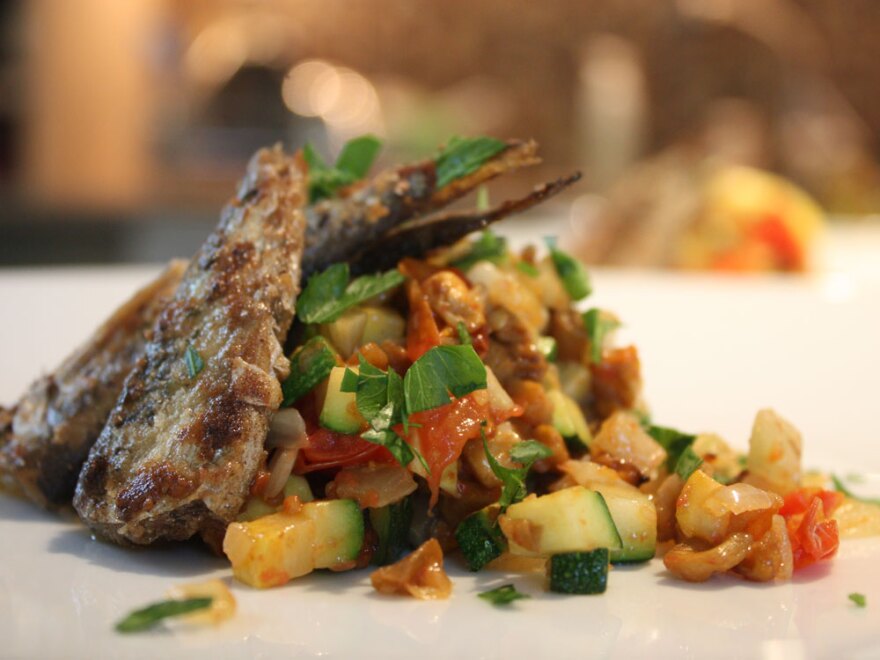 Pan-fried sardines with micro ratatouille make a delicious summer lunch.