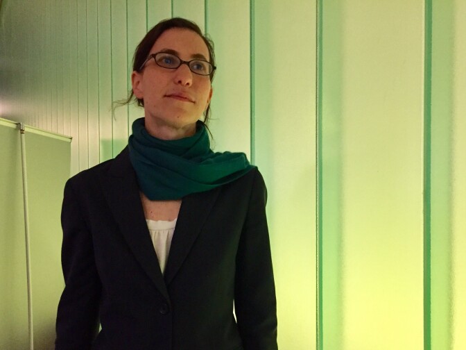 Talia Inlender, a senior staff attorney with Public Counsel, prepares to answer questions from travelers and relatives in the wake of President Trump's latest travel ban at the Tom Bradley International Terminal at LAX on Monday, March 6, 2017.