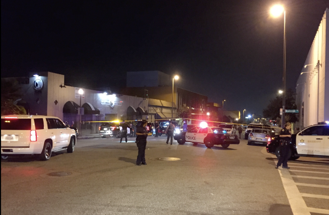 Scene outside KPCC's Pasadena headquarters after the station is evacuated due to a possible nearby bomb threat.