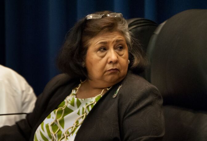 Supervisor Gloria Molina looks onto the crowd during a board meeting at the Hall of Administration on June 6, 2012.