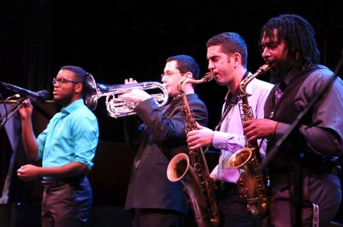 Thelonious Monk jazz students Michael Mayo, Ido Meshulam, Daniel Rotem and David Otis performing at UCLA's Schoenberg Hall.
