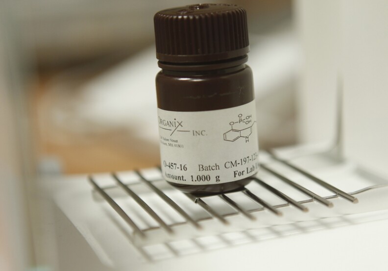 In this April 13, 2010 photo, one gram of psilocybin, the psychoactive ingredient in hallucinogenic mushrooms, is seen on a scale at New York University in New York. 
