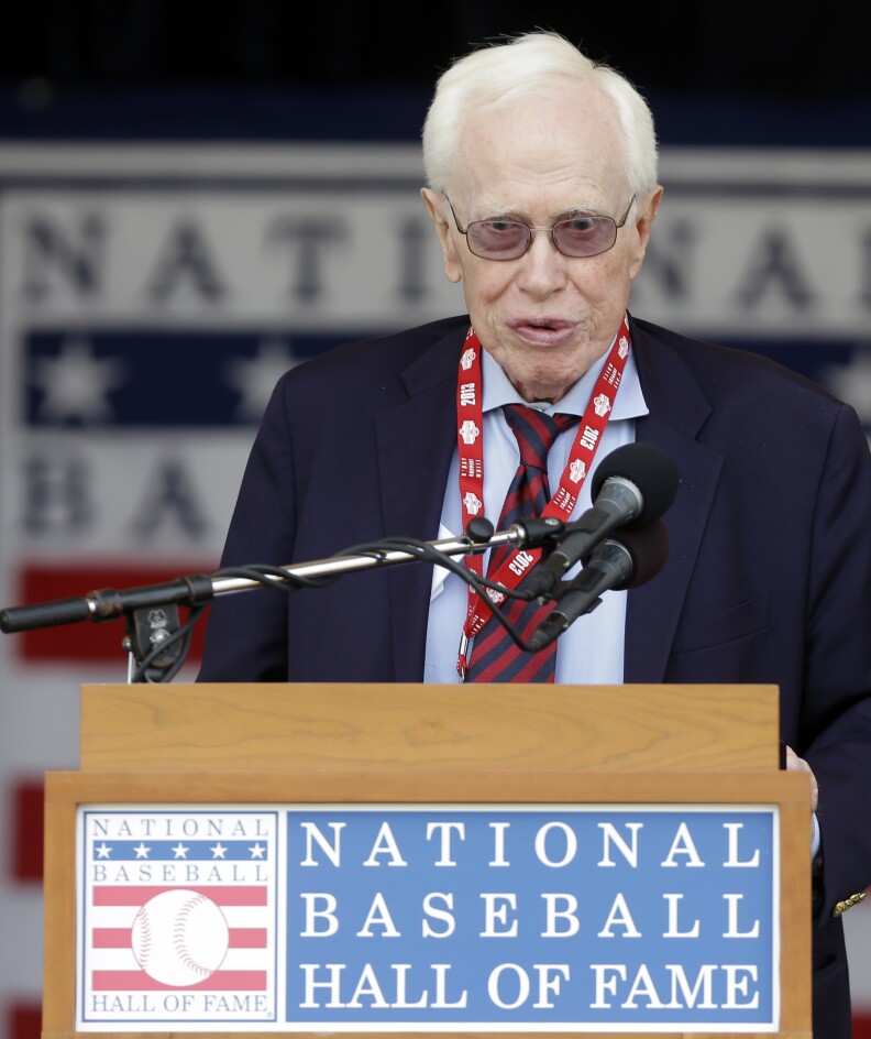 Dr. Frank Jobe, known for the development of the historic elbow procedure known as “Tommy John Surgery,” speaks as he is honored during a ceremony at Doubleday Field on Saturday, July 27, 2013, in Cooperstown, N.Y. (AP Photo/Mike Groll)