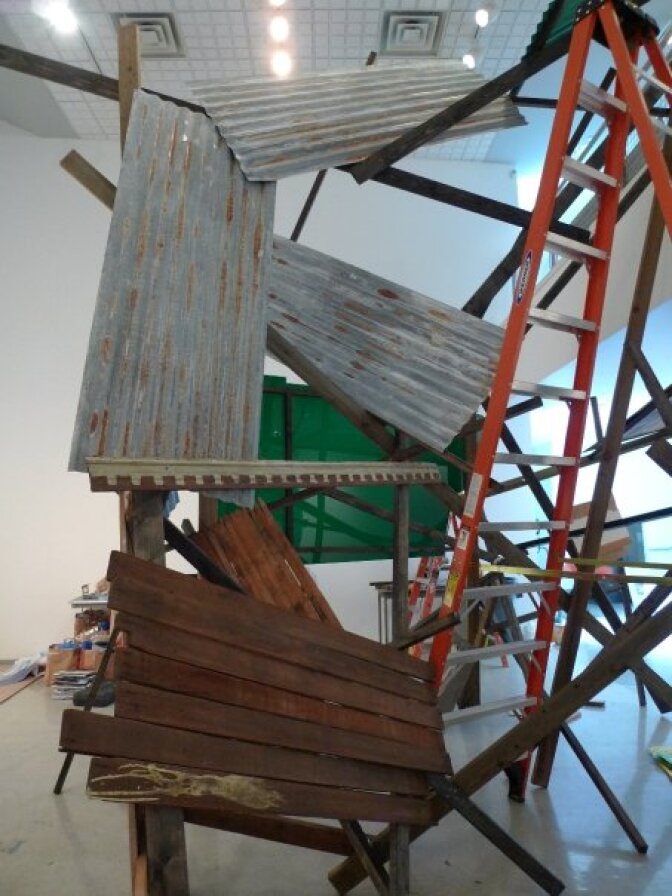Kyungmi Shin's Babel:the Chaos of Melencholy under construction at Pitzer College