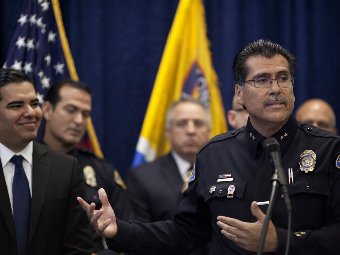 The incoming Long Beach Police Chief Robert Luna thanks his supporters during a press conference to announce this new appointment. The outgoing chief, Jim McDonnell, will become the new Los Angeles County Sheriff after winning the seat in the recent election.