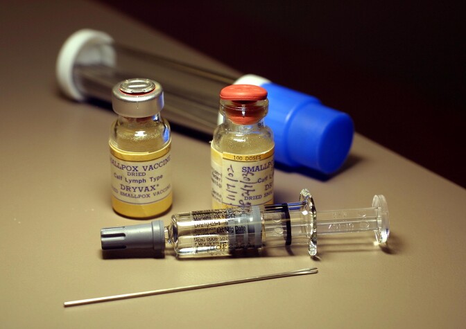 Vials of smallpox vaccine sit on a counter before a vaccination on December 16, 2002 at Mid-Florida Biologicals in Altamonte Springs, Florida.