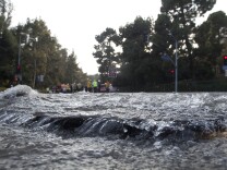 The pressure of the water main rupture caused some of the street to crack along Sunset Boulevard near UCLA.