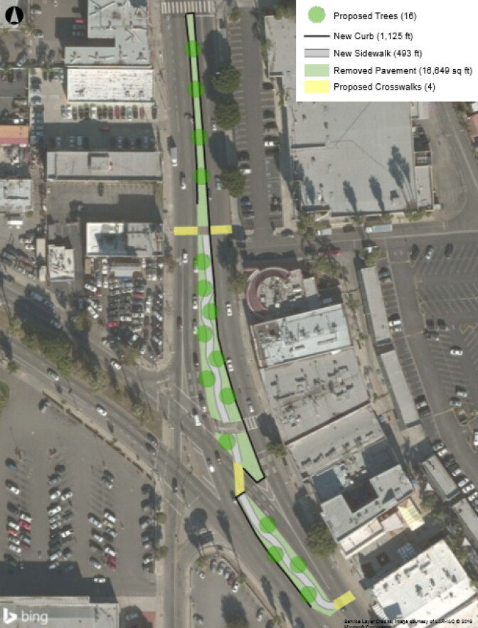 A site plan for the transformation of a median in the middle of Van Nuys Boulevard in Panorama City. The environmental group Pacoima Beautiful says they hope to put funding from the Great Streets Challenge toward development costs. 