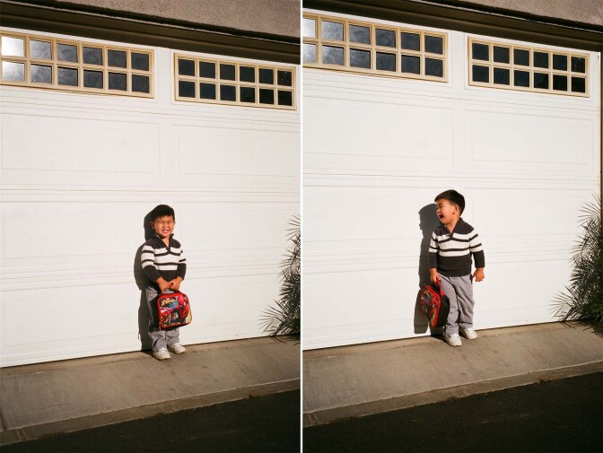 Two photos of Franilyn's son Francis as he holds his lunch bag in front of their garage.