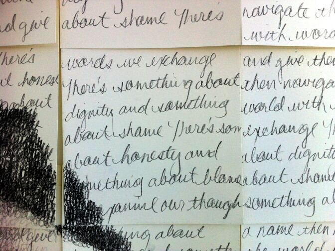 Close-up of Kenturah Davis' monumental self-portrait shows that it's all made up of words she layers on each square of paper. It's part of a new exhibit at Papillion Art in Leimert Park in South LA. 