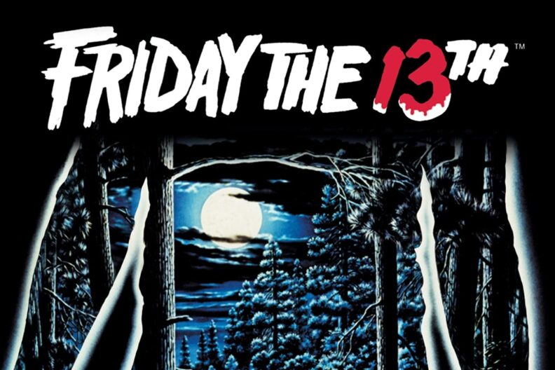Illustrated movie poster for the movie "Friday the 13th." It features an outline of a killer holding a bloody knife. Inside the outside is a scene of 5 characters near a cabin in dense woods at night.