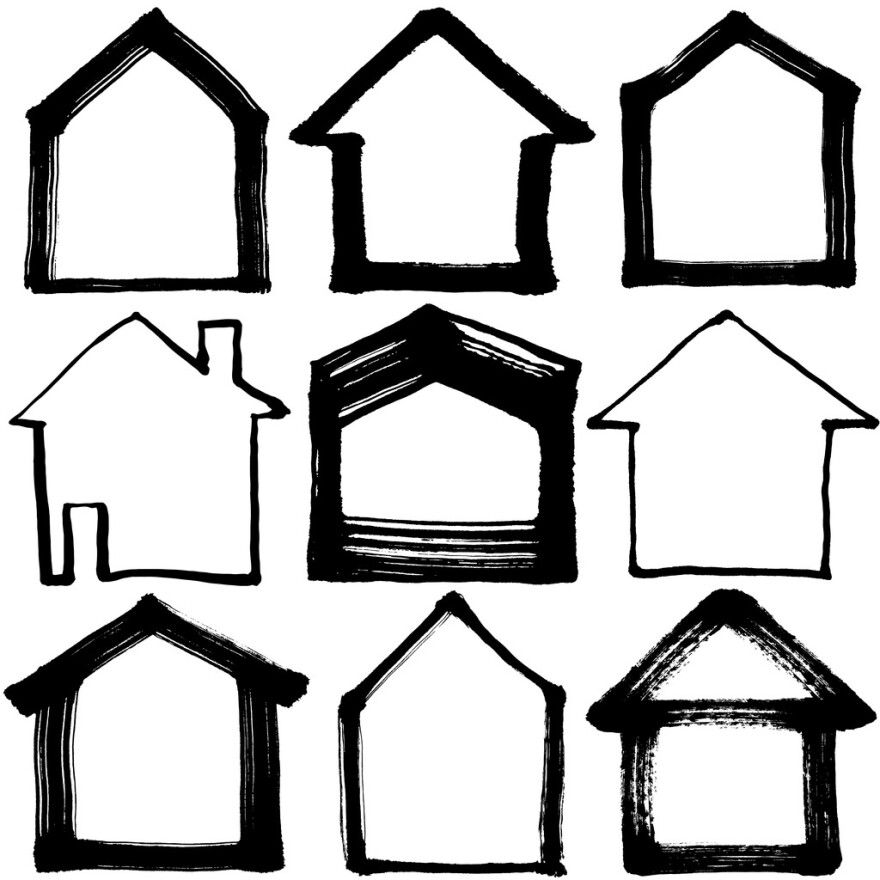A series of sketches of house outlines in black ink on a white background.