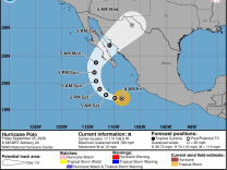 A map and graphic shows the projected path of a hurricane off the coast of Mexico.